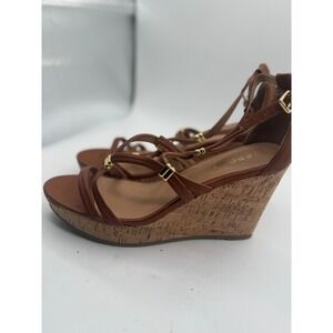 Report Wedge Sandals Ankle Strap Gold‎ Accent Brown Heels Size 11